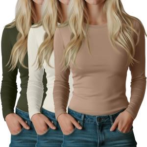 Riyiper 3 Pack Women's Long Sleeve Shirts Cotton Blend Crew Neck Slim Fit Tops Basic Layering Soft Casual Everyday Undershirt (Khaki, Cream, Army Green)