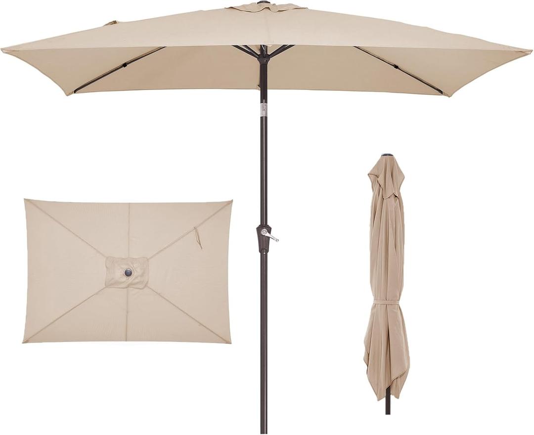 JEAREY 6.5x10 ft Rectangular Patio Umbrellas Rectangle Outdoor Umbrella with Push Button Tilt and Crank, Market Table Umbrella 6 Sturdy Ribs UV Protection for Poolside Garden Backyard Deck, Beige