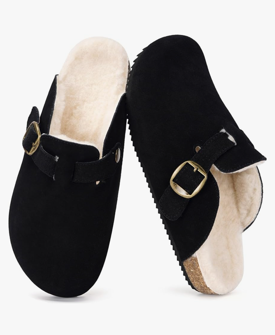 Womens Fur Lined Suede Clogs Mens Fuzzy Leather Mules Cork Footbed Slip On Winter Potato Shoes with Arch Support 43