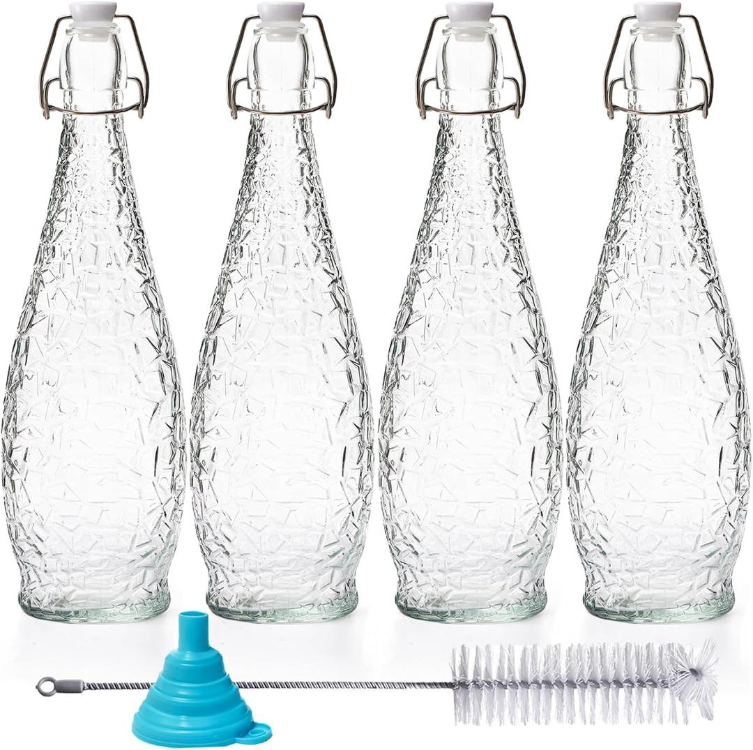 Nicunom 4 Pack 32 oz Swing Top Glass Bottles with Stopper, Airtight Flip Top Glass Bottles for Brewing, Kombucha, Beverages, Beer, Vinegar, Soda, Smoothies, Kefir, Juicing, Includes Brush & Funnel