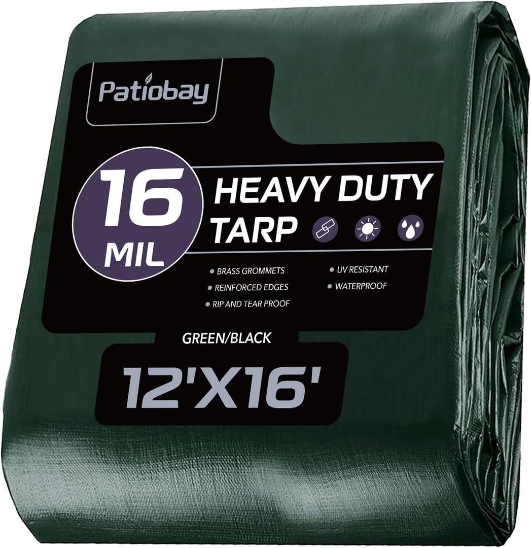 Patiobay Tarp 12x16 Feet, 16 Mil Large Waterproof Tarps Heavy Duty with Brass Grommets, Thick Plastic Tarp, UV Resistant Tear&Fade Resistant, Reinforced Edges for Outdoor Pool Car Camp Tent