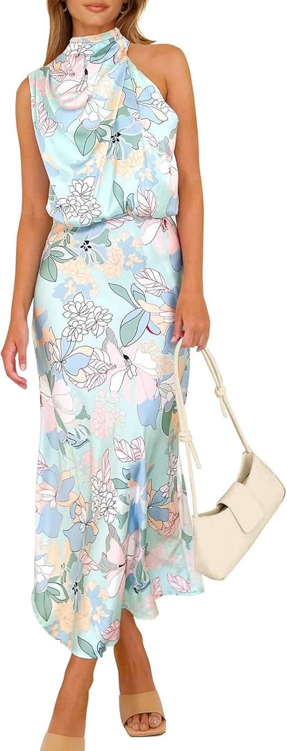 PRETTYGARDEN Women's 2025 Summer Satin Dress Elegant Sleeveless Mock Neck Cocktail Party Maxi Dresses (Print Blue). XL