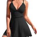Charmo Womens Ribbed One Piece Swimdress Scalloped V Neck Ruched Swimsuit Tummy Control Bathing Suit with Skirt (Large, Black)