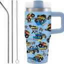 14 oz Monster Truck Tumbler with Handle and Straw for Kids, Insulated Stainless Steel Travel Mug for Boys, Double Wall Vacuum Reusable Cup, Birthday Gifts for Boys