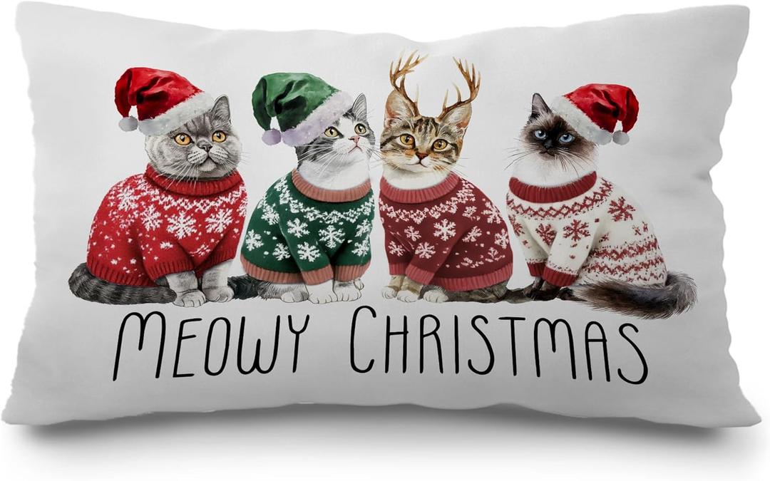 Meowy Christmas Pillow Covers 12x20, Cat Lover Gifts for Women, Cute Cats with Santa Claus Hat Pillow Covers for Home Living Room Bedroom