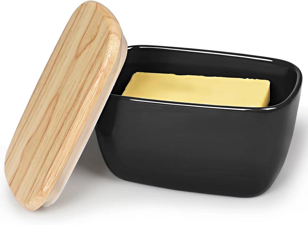 HAOTOP Porcelain Butter Dish Perfect for 4 Sticks of Butter,Butter Container Large Ceramics Butter Holder with Lid (Black)