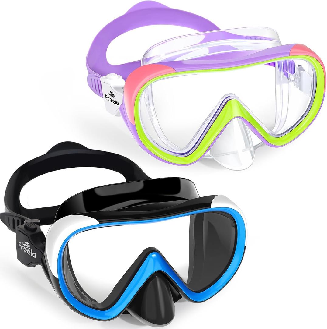 Freela Kids Swimming Goggles for 4-16 with Nose Cover, Anti-Fog No Leakage Swim Mask 180 Clear Vision Beach Pool Goggles (Purple & Blue Black)