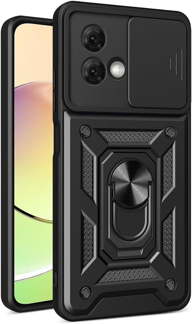 Armor Case for Motorola Moto G84 5G, Shockproof TPU+PC Cover with Sliding Cover and Ring Kickstand - Black