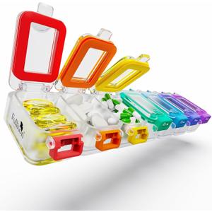 Fullicon Weekly Pill Organizer 7 Day Ultra Moisture and Spill Proof Daily Pill Box, Large Medicine Case with Secure Buckle, Compact Travel Pill Container for Pill, Vitamin, & Fish Oil (Rainbow Clear)