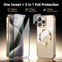 [Tri-Shield Protection] for iPhone 15 Pro Case with 360 Spin Stand Compatible with MagSafe [Magnetic CD Ring] [Screen & Camera Lens Protector] Shockproof Plating Never-Yellowing, Gold-6.1"