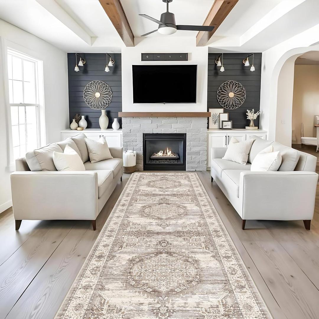4x12 Wide Hallway Runner Rug: Vintage Washable Soft Rugs for Living Room Bedroom Water Resistant Carpet with Non-Slip Backing for Entry Kitchen Dining Room Thin Nursery Bathroom Floor Mat (Beige, 4x12)