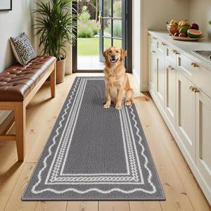 Ileading Hallway Runner Rug 2x6ft Kitchen Floor Mat Modern Geometric Non Slip Throw Rugs Busy Traffic Extended Indoor Doormat Machine Washable Accent Carpet for Laundry Bedroom(Grey) (Grey Wave Border)