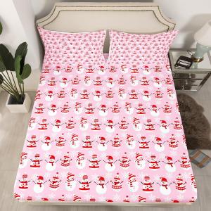 Christmas Bed Sheet Set Kids Cartoon Christmas Snowman Fitted Sheet Boys Girls Decor Snowflake Bedding Set Microfiber Pink Xmas Theme Bed Cover Bedroom Full Size (Multi 33)