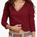 V Neck Long Sleeve Shirts for Women Trendy Going Out Crop Top Sexy Casual Loose Fit Ribbed Knit Shirt Size L