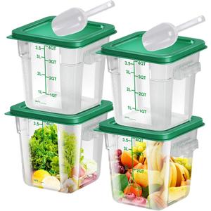 4 pcs 4qt Food Storage Containers with Lid, Square Clear Commercial Food Storage Containers with Handle and Scale for Food Storage in Home Kitchen & Dining (Green), 7.48x7.48x7.87