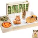 3 in 1 Bunny Litter Box with Hay Feeder and 2 Bowls - Wooden Rabbit Hay Feeder for Guinea Pig, Hamster, Small Animals,Each Component has pre-drilled Holes