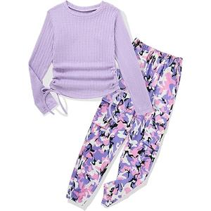 mksodop Girls Clothes Ruched Drawstring Short Sleeve Knit Top and Camo Print Pants 2 Piece Girls Outfits 6-7Y