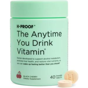 H-PROOF The Anytime You Drink Vitamin, Black Cherry, 40 Chewable Tablets | 20 Servings, Supports Liver Health, Replenishes Electrolytes for Hydration, DHM, Milk Thistle, L-Glutathione, Vitamins B & C