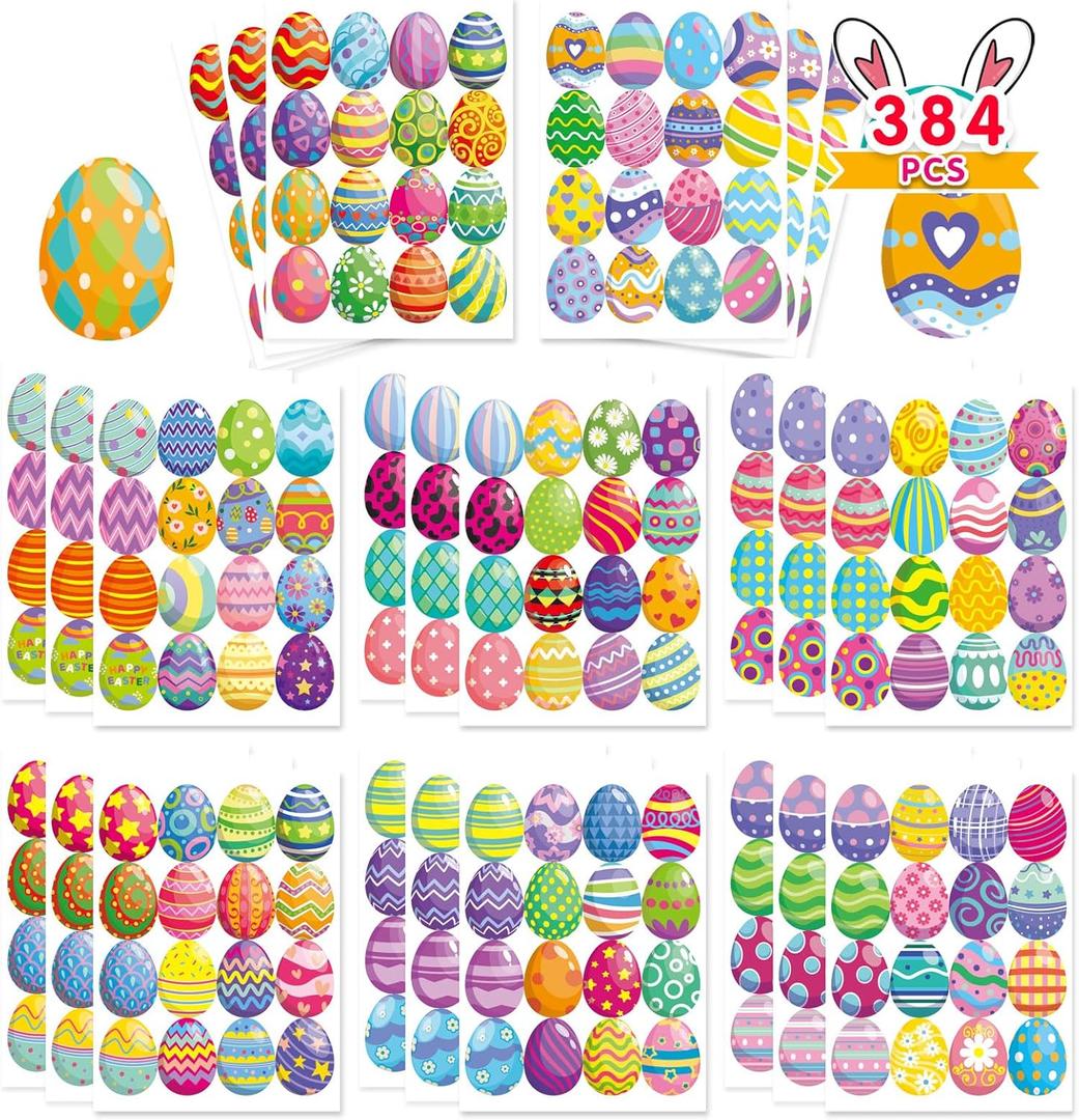 384 PCS Easter Egg Stickers for Kids - Easter Treats for Kids Envelop Seals Easter Basket Stuffers