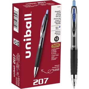 uni-ball 207 Retractable Gel Pens Medium Point, 0.7mm, Blue, 12 Pack