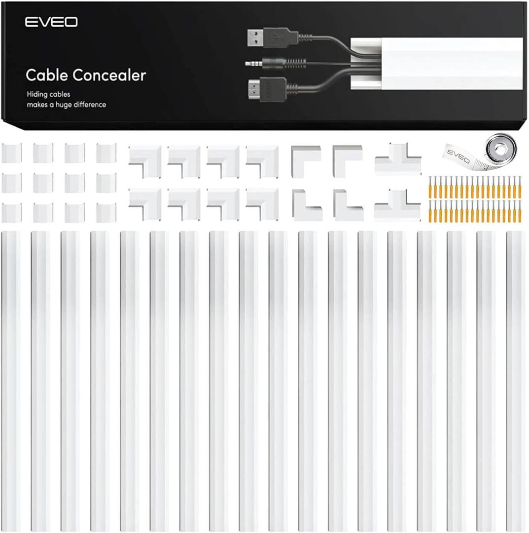 EVEO Cord Hider - 306 Cord Cover Wall Cable Hider, Cable Concealer, Wire Hiders for TV on Wall. Cable Management, Cord Hider Wall Cable Raceway Wire Covers for Cords -18X (L17 W1.1 H0.55) - White (Large)
