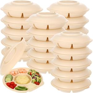20 Pcs Disposable Divided Plates with 6 Deep Compartments 11 Inch Compostable Serving Tray with Lid Round Large Taco Chips Fruits Veggie Plates for Party Buffet