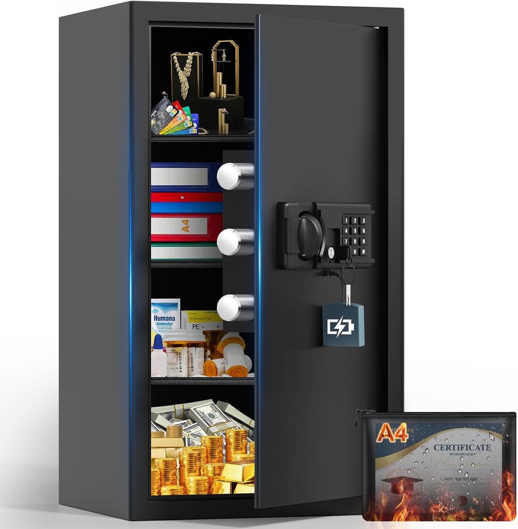 5.0 Cuft Large Fireproof Safe, Home Safes Fireproof Waterproof With A4 Fireproof Bag, Digital Keypad, Spare Keys, Smart Alert, Mute Mode, 3 Removable Shelves, Fire Proof Safe For Home Documents