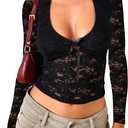 Falechay Women's Lace Long Sleeve Shirt Low Cut Y2K Slim Fit Top Bow Sexy Going Out Club Concert Clothes (XS)