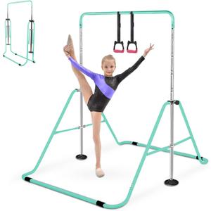 Folding Gymnastics Bar for Kids, Adjustable Height Junior Training Kip Bar, Home Expandable Horizontal Gymnastic Monkey Bars Equipment for Child, Girls, Boys (green)