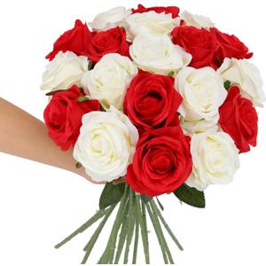 Tifuly Roses Artificial Flowers - 12 pcs Realistic Long Stem Fake Roses Mashup Style Silk Roses for DIY Bouquets Wedding Centerpieces Arrangements Home Party DecorWhite & Red
