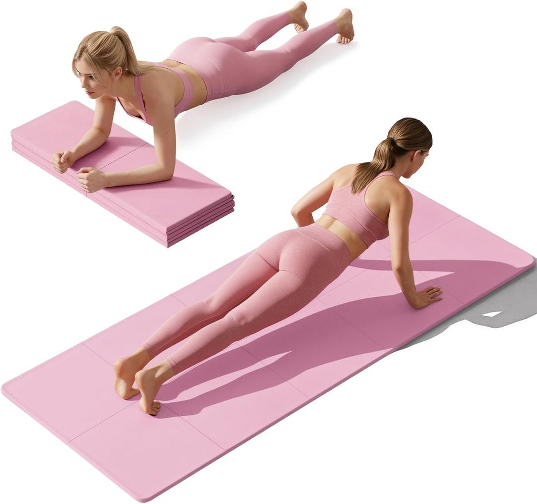 Foldable Yoga Mat Non Slip, Pilates Fitness Mats, 72" x 24" Extra Width Thick, Anti-Tear Exercise Mat with Carrying Strap and Bag, Workout Mats for Stretching,Yoga Studio,Gym or Home Workouts Pink