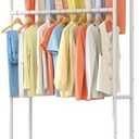 MOYIPIN Double Rods Clothing Rack with Wheels,Clothing Organizer for Hanging Clothes Coat Scarves Bags,Multi-functional Bedroom Garment Rack,4 Hooks,White
