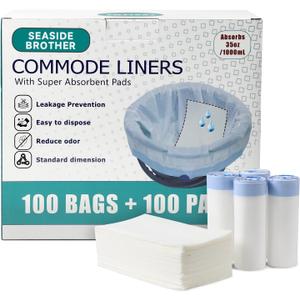 Commode Liners with Absorbent Pads, 100 Bedside Commode Liners and 100 Commode Pads, Portable Toilet Liners, Disposable Commode Bags Universal Fit All Standard Toilet Chair Bucket