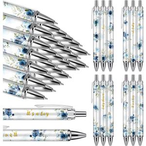 Chuangdi 24 Pcs Blue Floral Baby Shower Ballpoint Pens Favors Bulk Retractable Ballpoint Pen Black Ink with Gifts for Guests School Supply