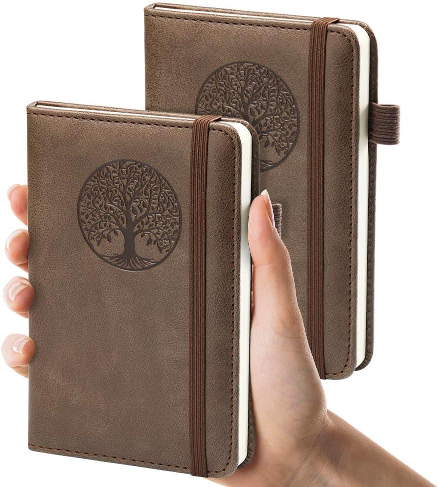 Small Pocket Notebook, Leather Journal Mini (Wood) - 2 Pack 3.7" x 5.7" Notepad Notebooks for Work, School & Travel
