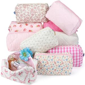 Paterr 10 Pcs Quilted Makeup Bag Bulk Cotton Floral Cosmetic Bag Women Girls Bridesmaid Gifts Cute Makeup Pouch Coquette Aesthetic Travel Toiletry Organizer(Pink Floral,7.87 x 4.72 x 3.15 Inches)