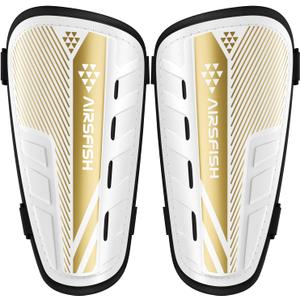 Shin Guards Soccer Kids Youth, CE Certified Airsfish Shin Guard Protection Gear for 2-18 Years Old Boys Girls Teenagers High Impact Resistant Breathable Comfortable 1 Pair 4 Sizes (XX-Small, White+Gold)