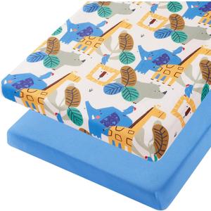 TILLYOU Mini Crib Sheets Fitted 2 Pack, Pack and Play Sheets for Toddler Mattress, Soft and Breathable 38x 24 Pack n Play Mattresses Cover, Animal Geometry & Blue