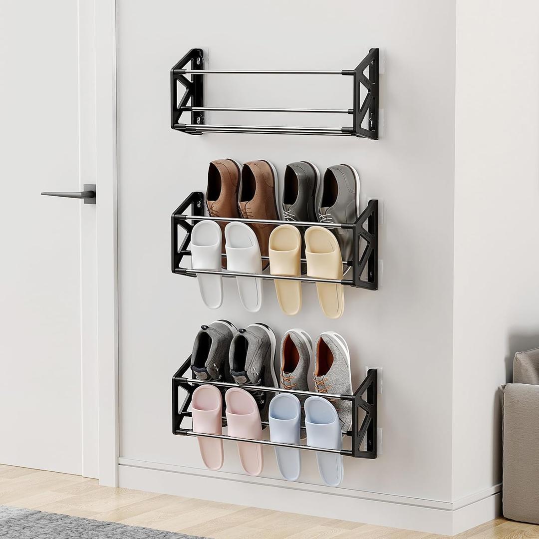 Hanging Shoe Rack for RV, 3 Pack Wall Shoe Rack with Sticky Adhesive Strips Slim Shoe Rack Shoe Holder Holds 12 Pairs of Shoes Space Saving Wall Mounted Shoe Shelf for Camper Black