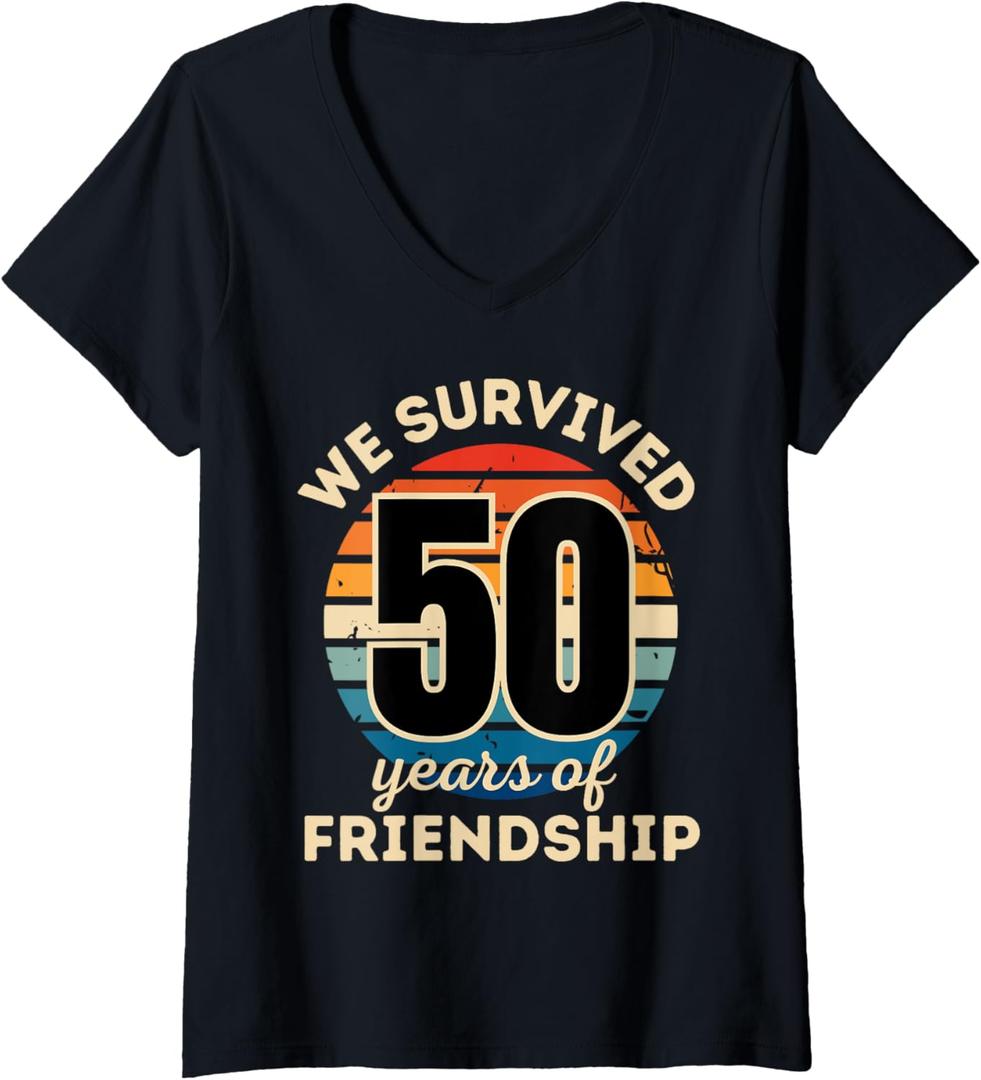 Womens Celebrating 50 YEARS OF FRIENDSHIP Funny Group Matching V-Neck T-Shirt (M, Black)