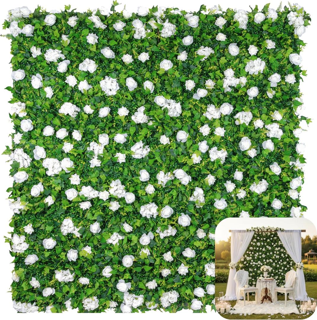 Large Size 88 Ft 3D Artificial Flower Wall Panels, Quick Assembly Storage White Floral Greenery Fake Backdrop Fence Screen for Wedding Baby Show Birthday Party Indoor Outdoor Garden Home Decor