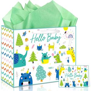 Yoqipati 13" Large Baby Gift Bag with Tissue Paper and Greeting Card for Baby Showers New Parents Newborwn (Woodland Animal)