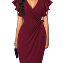 oten Womens Deep V Neck Ruffle Sleeve Sheath Casual Cocktail Party Work Faux Wrap Dress, Red, XL