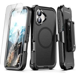for iPhone 17 Case with Belt Clip Holster, Compatible with MagSafe, Shockproof, 3-Layer Drop Protection, Heavy Duty Magnetic Protective Phone Case Cover, 6.3", Dark Black