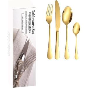 Silverware Flatware Cutlery Set, Stainless Steel Tableware Set With Four Main Pieces, Simple Box, Cutlery, Fork And Spoon Set(Color:Gold), 6 of each