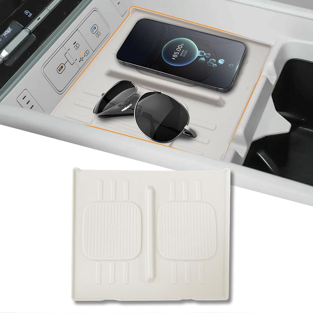 Wireless Charging Protective Pad for 2024 2025 2026 Hyundai Santa Fe Center Console Cover Wireless Non Slip Mat Accessories Car Cordless Charger Heat Insulating Silicone Material Easy to Clean -White