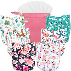 wegreeco Cloth Diapers 6 Pack with 6 Inserts & 1 Wet Bag, Washable Cloth Diapers for Babies, One Size Adjustable Reusable (Flower)