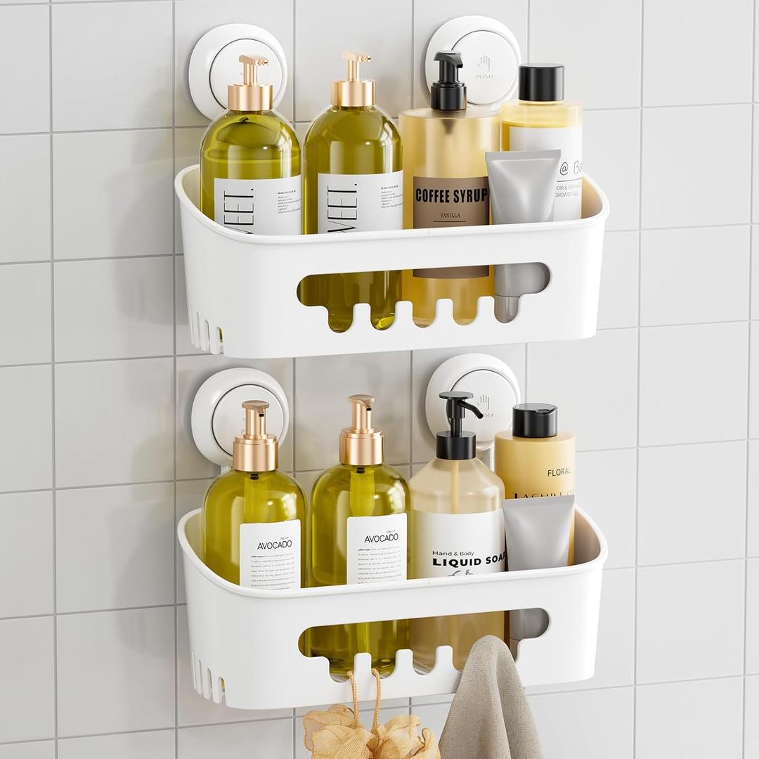 TAILI Shower Caddy Suction Cup 2 Pack, Heavy Duty Bathroom Organizer, Removable Shelves for Inside Shower, Shampoo, Waterproof Suction Plastic Storage for Bathroom Accessories Holder, White