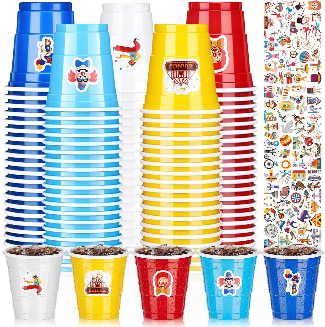100 Pcs 2 oz Carnival Circus Shot Glasses with Stickers Disposable Plastic Cups for DIY at Circus Themed Party Supplies Carnival Events Birthday Celebrations