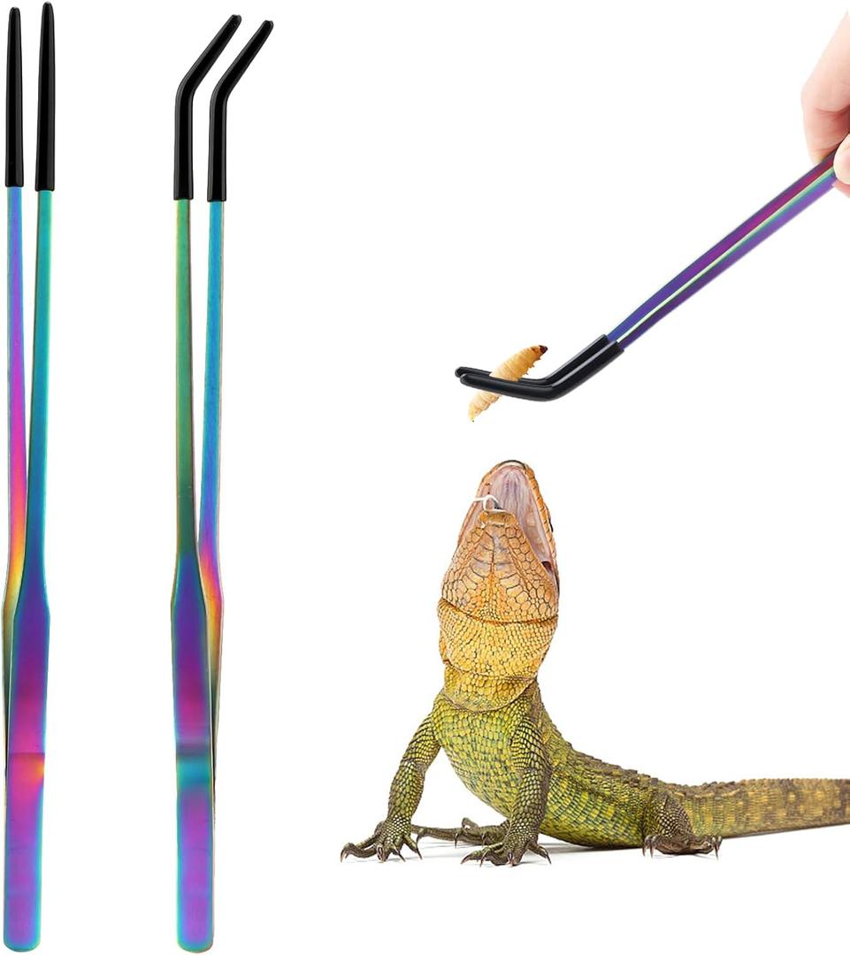 2 x OLIISS Stainless Steel Reptile Feeding Tongs with Rubber Tip - 10.6" Straight & Curved Tweezers for Aquariums & Crafts - Feeder Tools for Bearded Dragons & Lizards - Terrarium Tank Supplies - 2 Pack
